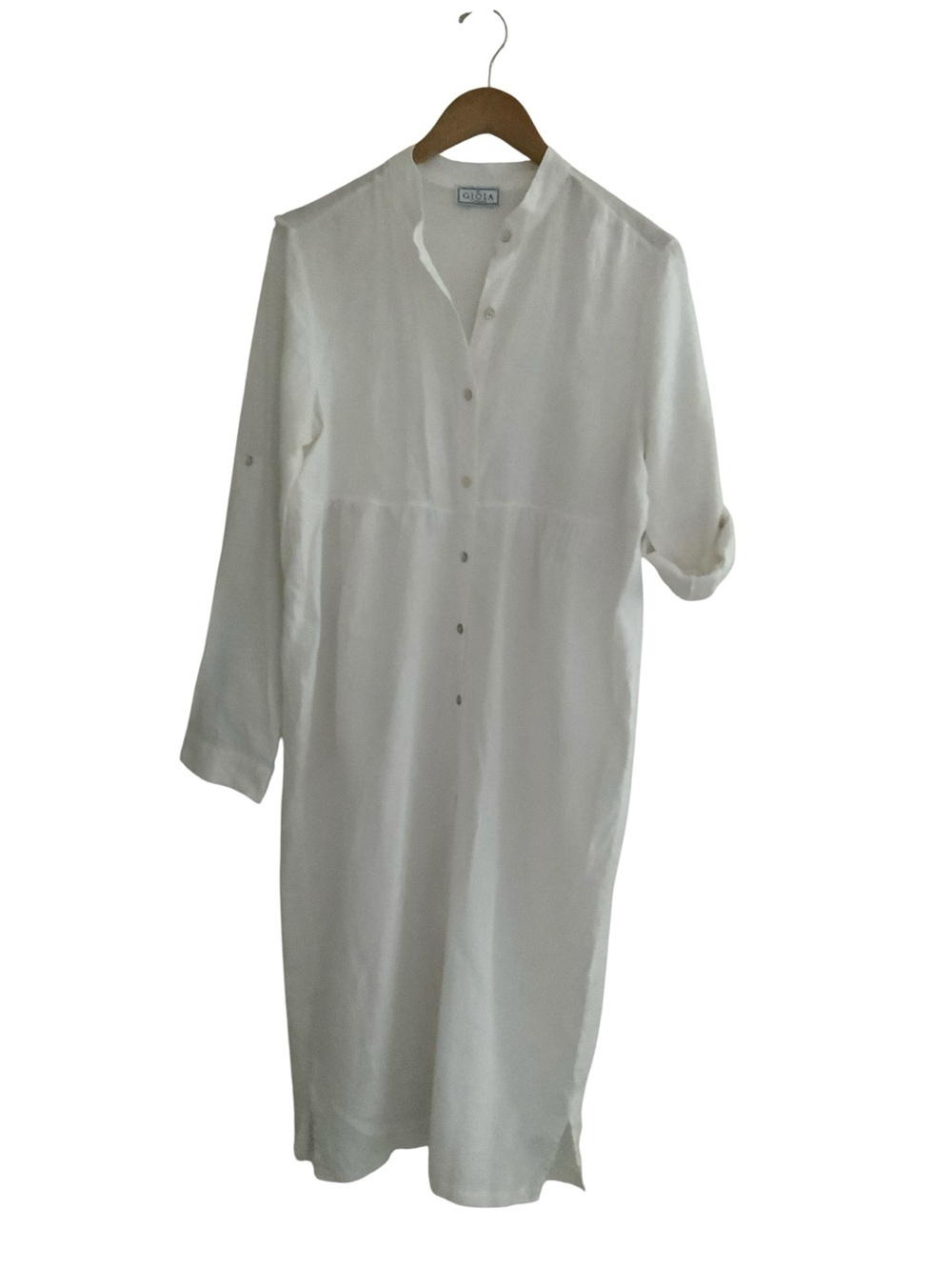 100% Linen GIOIA White Long-Sleeve Mandarin Collar Shirt MIDI Dress Medium
